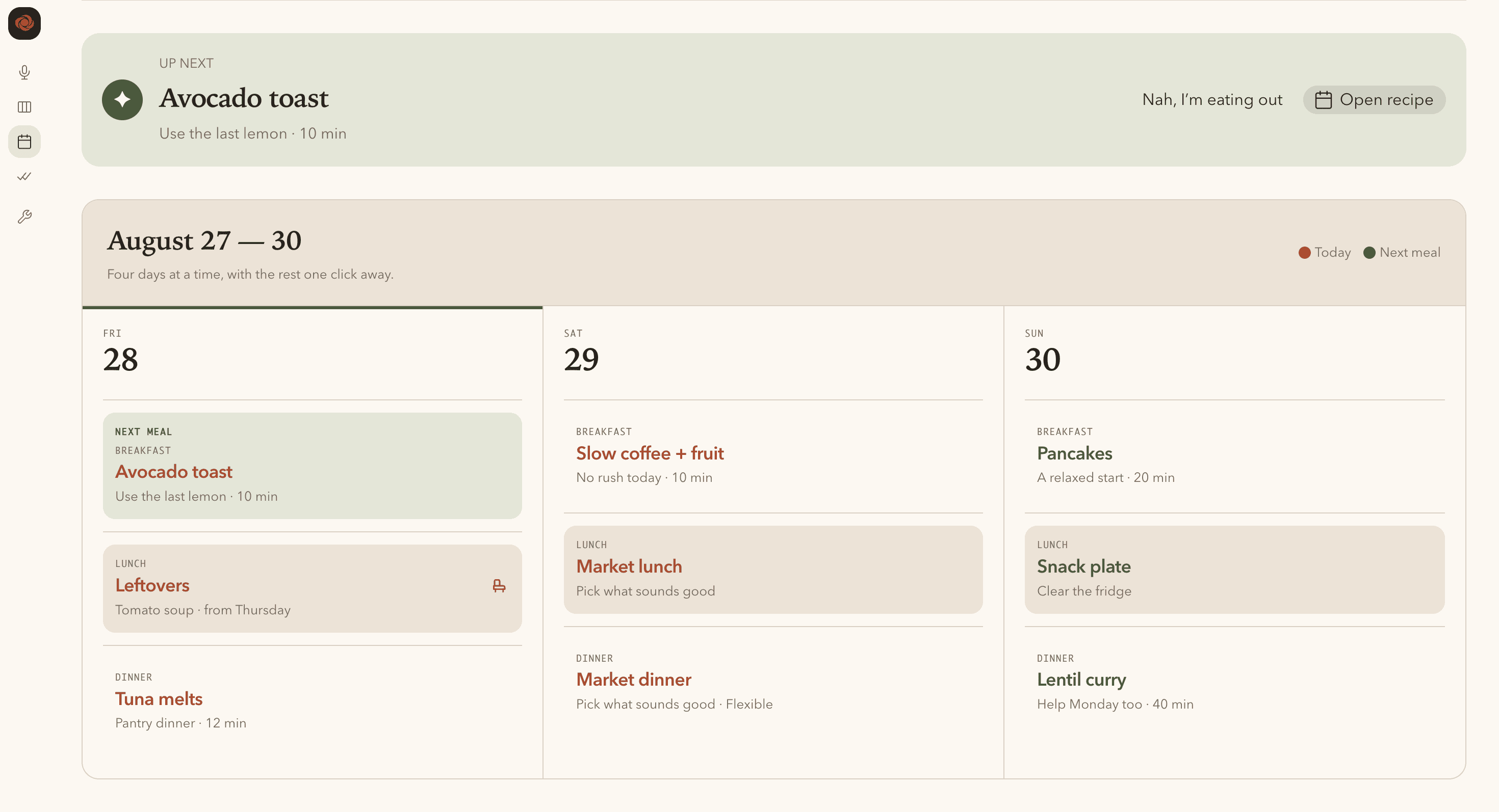 Lesay meal-planning dashboard showing upcoming meals and a four-day calendar